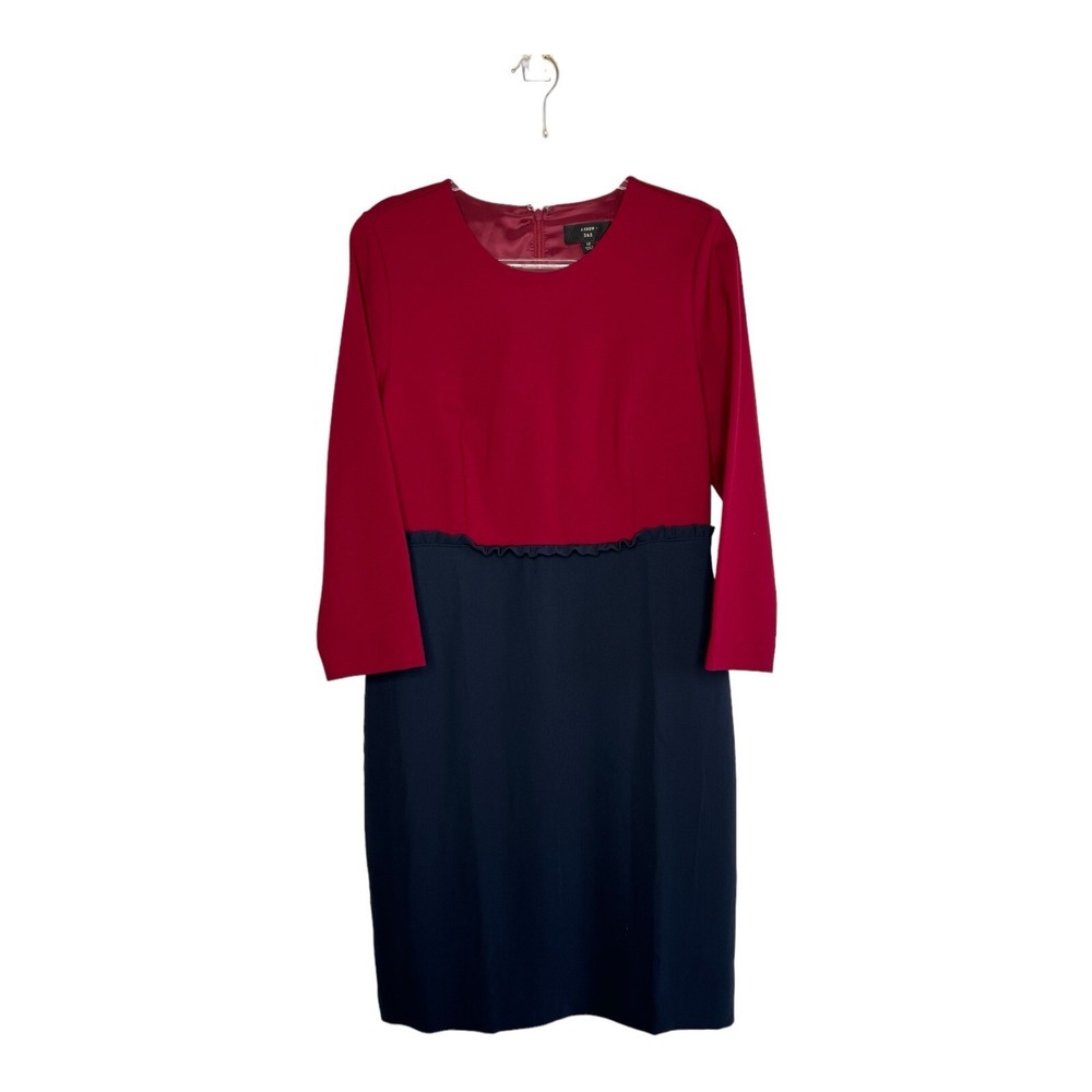 J Crew 365 Dress Womens Size 12 Red Blue Colorblock Ruffle Classic Career Office